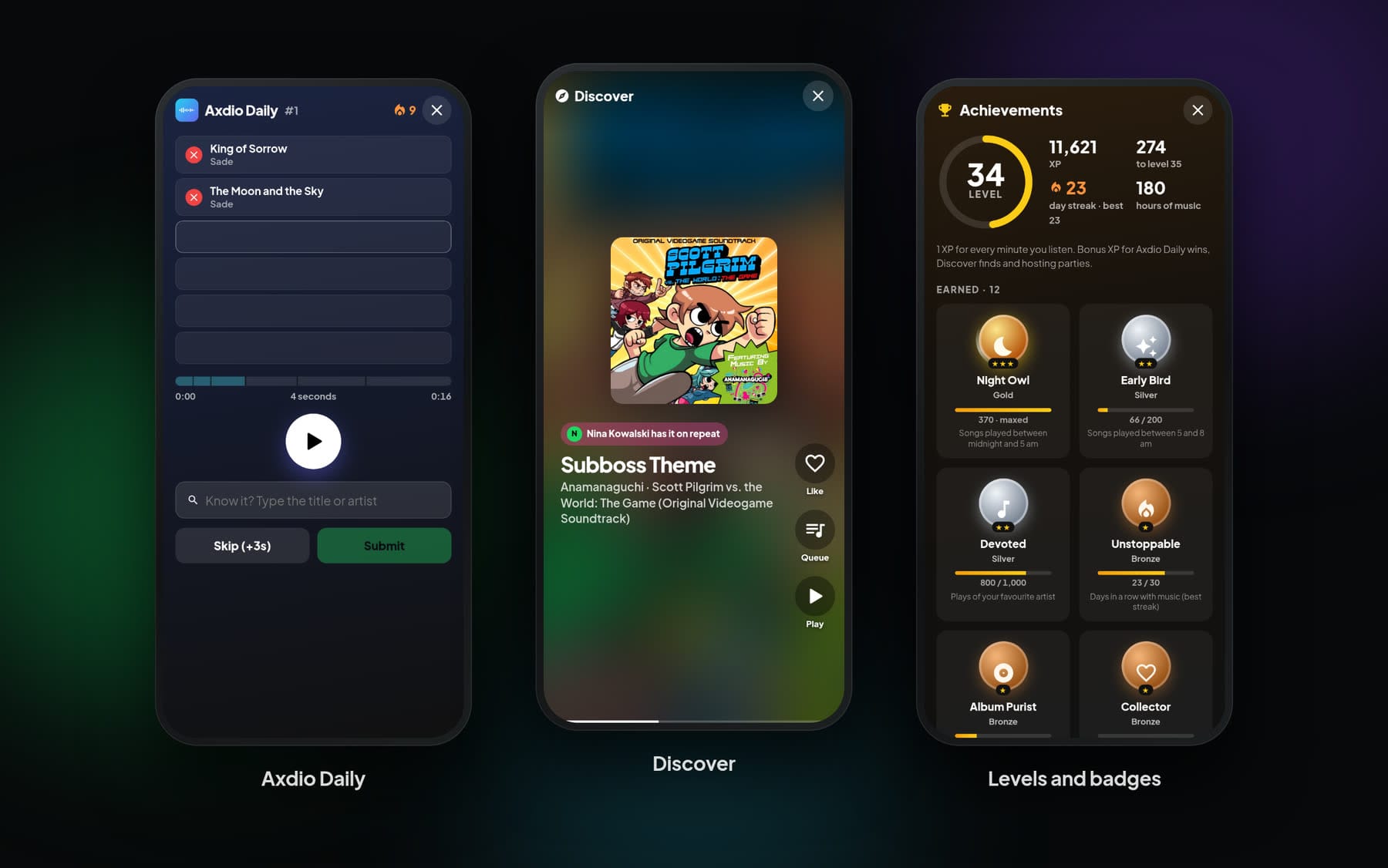 Phone screens of Axdio Daily in the middle of a game, a Discover card and the achievements page