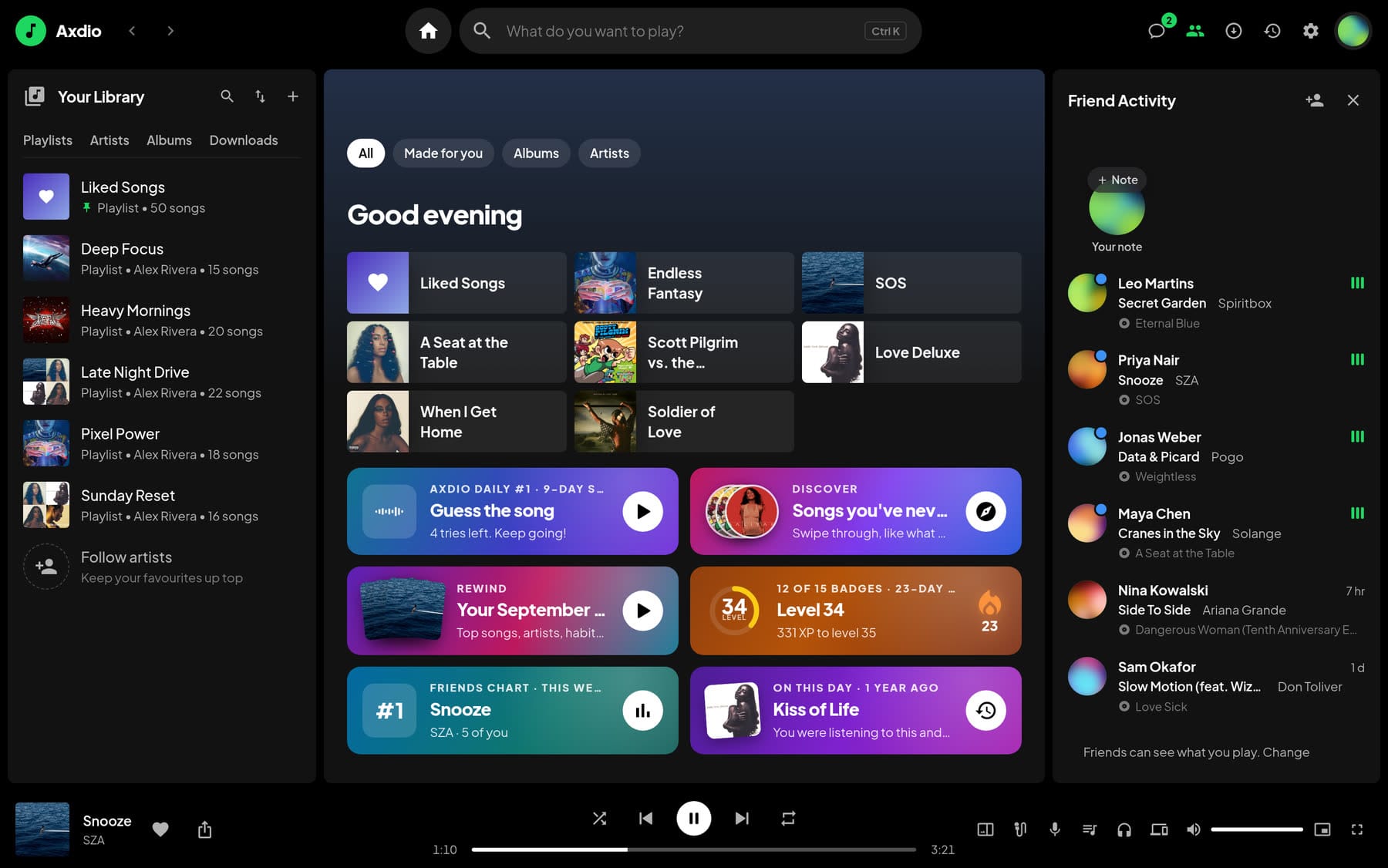 Axdio's desktop app with the home screen, the library sidebar and Friend Activity