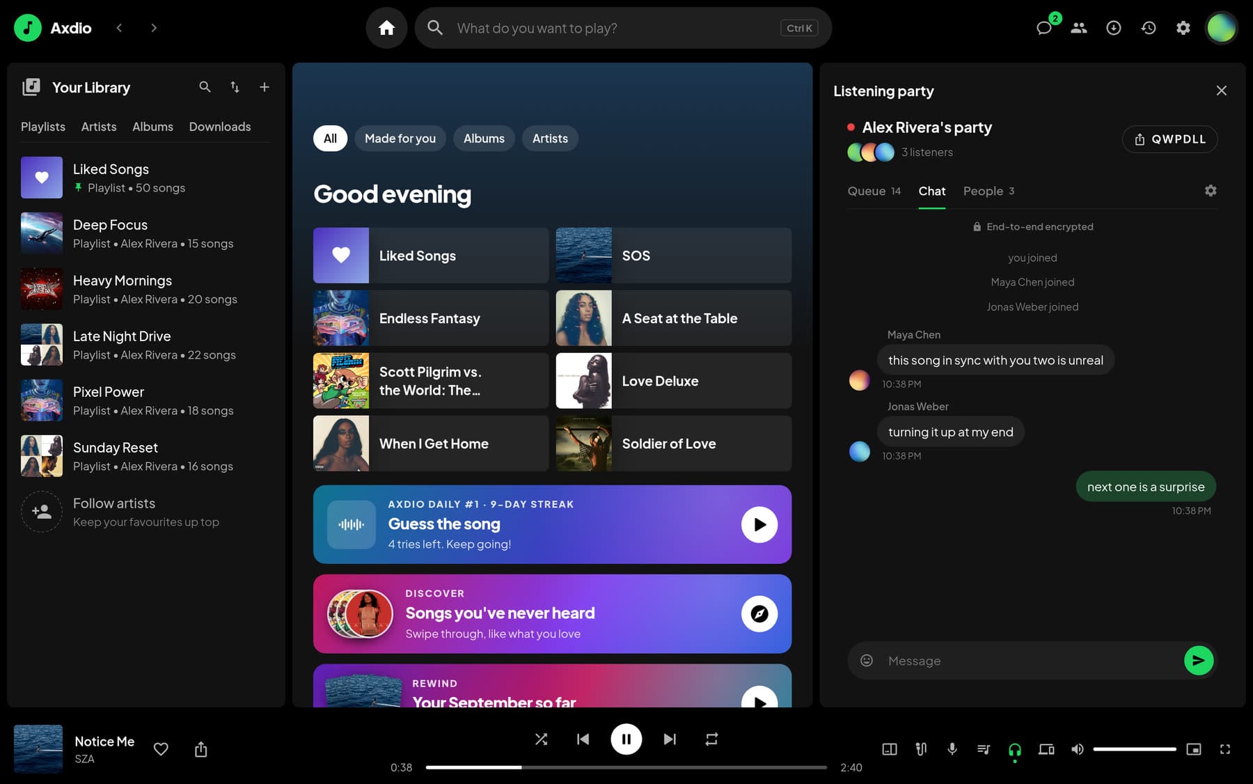 A listening party panel with an end-to-end encrypted chat between three friends