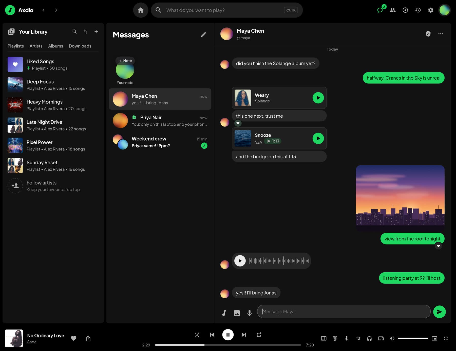 A private chat with a song card, a song shared from 1:13, a photo and a voice message, with a secret chat in the list